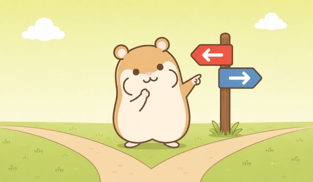 二股に分かれた道の分岐点で、道標を右腕で指しながら考えるハムスターのイラスト。道標には赤と青の2枚の板が付いている