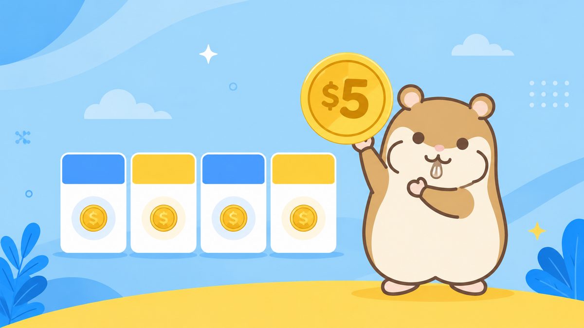 金貨を掲げるハムスターと4つの口座カードを描いたイラスト。XMの最低入金額が全口座タイプ共通で5ドルであることを表す