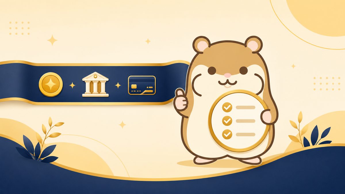 リボン状のアイコン帯とチェックボードを持ちグッドサインを出すハムスターのイラスト。XMの最低入金額のまとめを表す