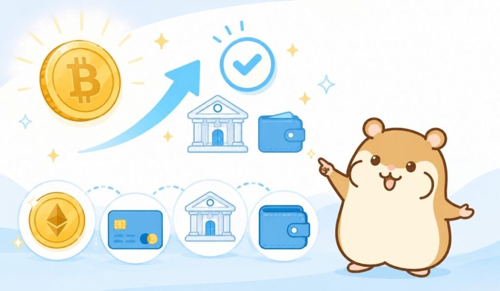 仮想通貨コインを右腕で指し示し、カード・銀行・ウォレットのアイコンを前に並べたハムスターのキャラクター