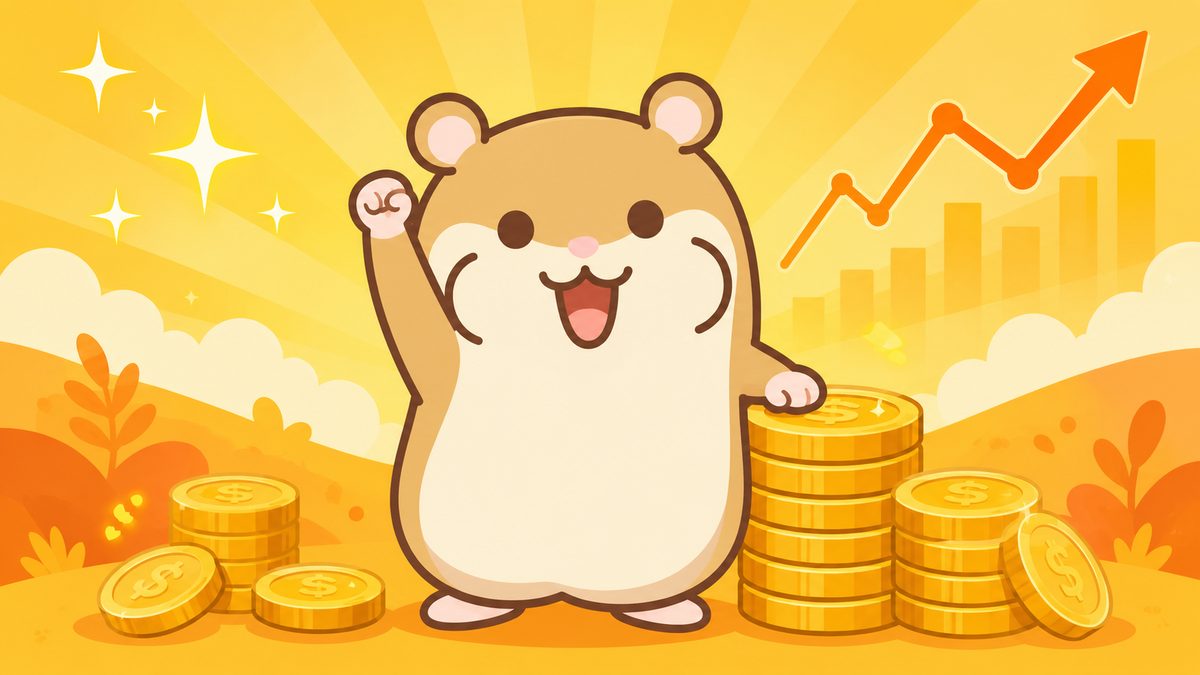 上向きグラフと星、コインの山に囲まれた中央のハムスターが両腕でガッツポーズをするイラスト