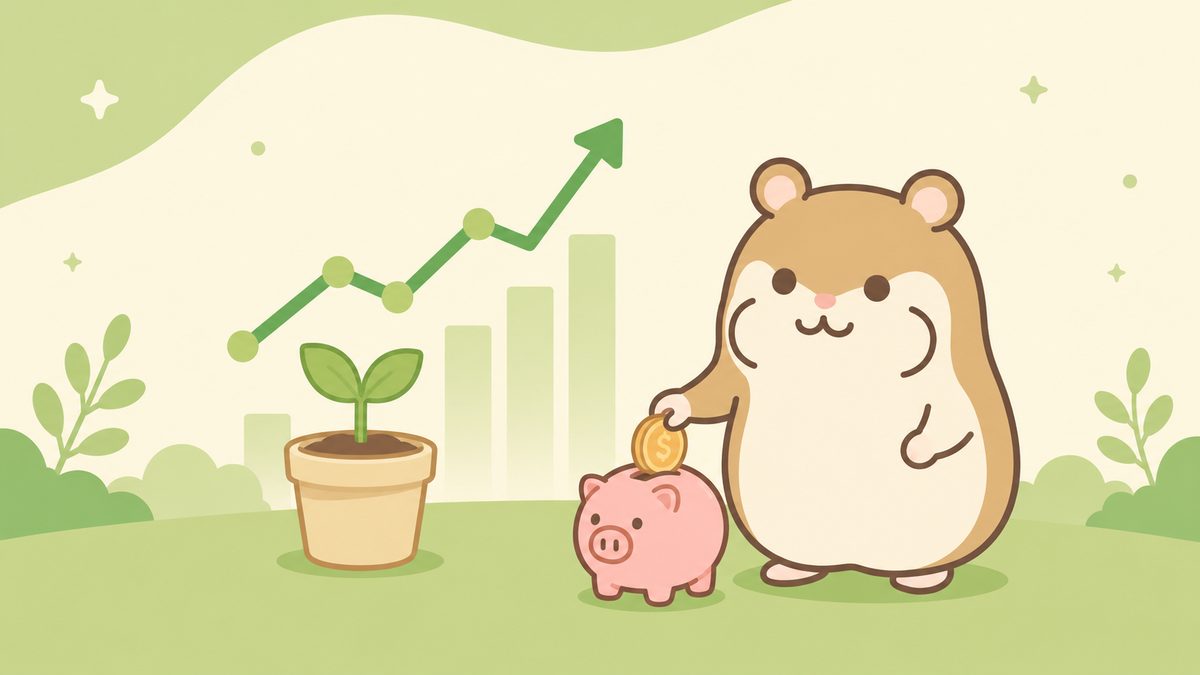 貯金箱にコインを入れるハムスターと育つ植物・上昇グラフを描いたイラスト。XMに少額入金で取引を始めるイメージを表す