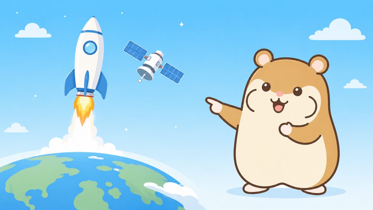 打ち上がるロケットと周回する人工衛星、青い地球が左側に並び、右寄りに立つ茶色いハムスターが右腕でロケットを指し示しているイラスト
