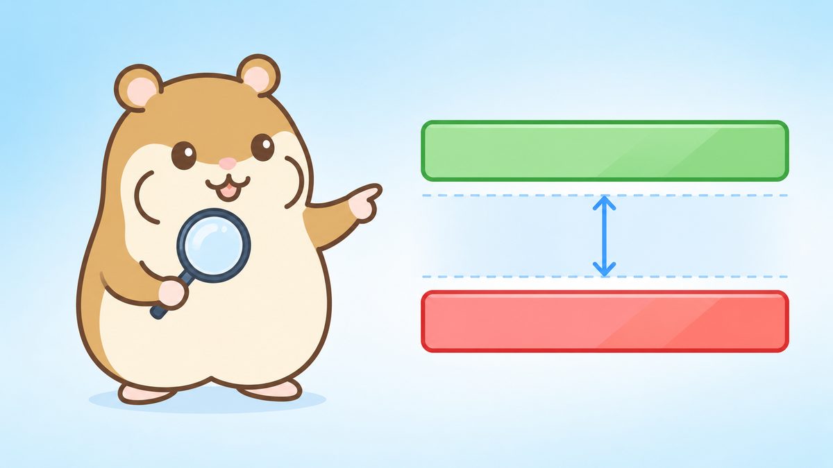上下に並んだ2本の価格バーの差を、虫めがねを持った茶色のハムスターが指し示しているイラスト