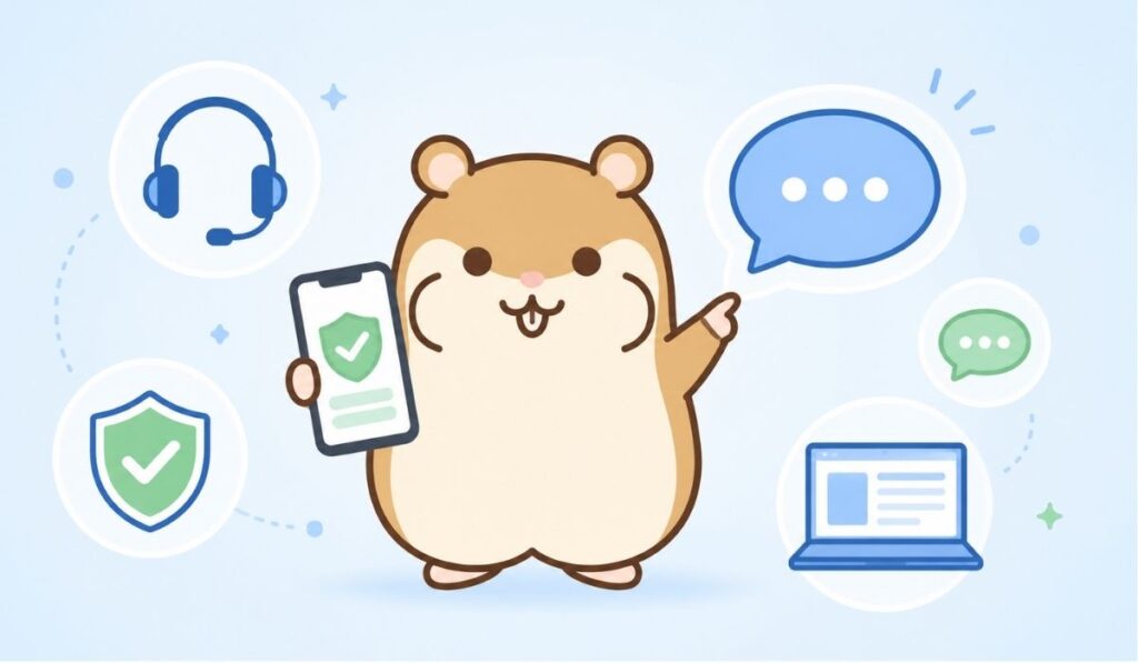 チャットの吹き出しを指しスマートフォンを持ち、ヘッドセットや盾、パソコン画面のアイコンに囲まれたハムスターのキャラクター