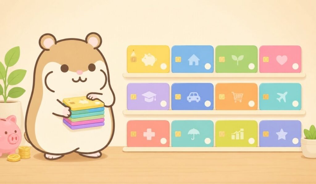 色分けされた複数の口座カードを抱えて整理する茶色いハムスターのキャラクターのイラスト