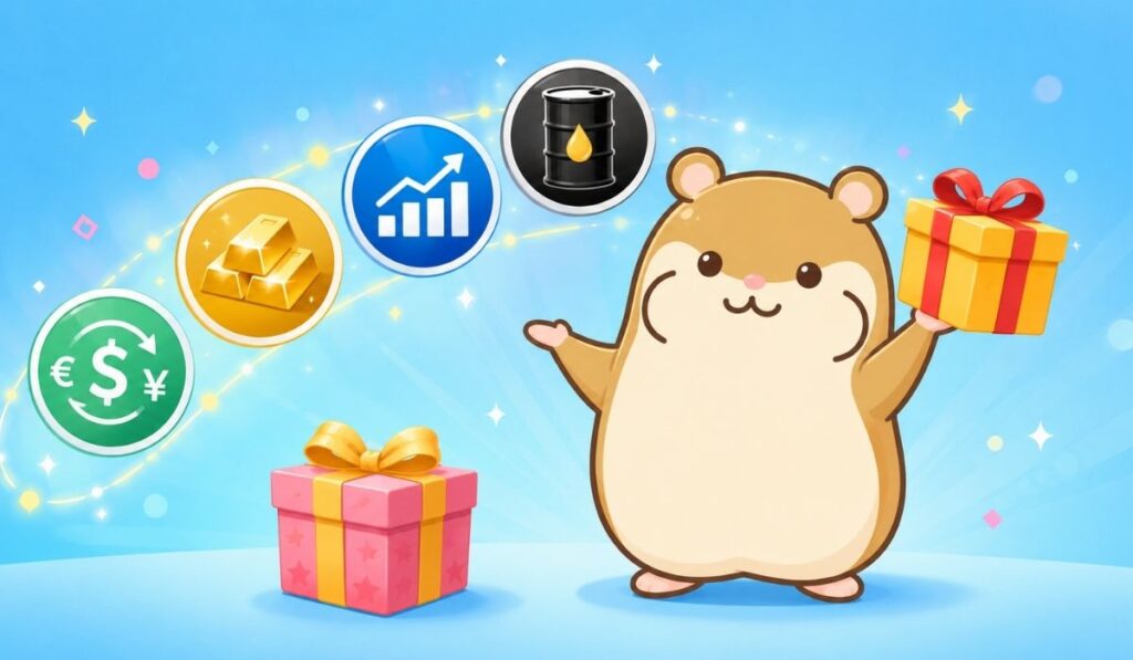 ギフト箱を掲げ、通貨やゴールドなどの銘柄アイコンを示す茶色いハムスターのキャラクターのイラスト