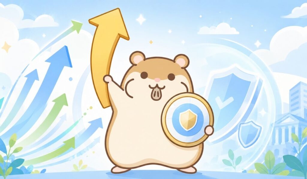 上向きの矢印を持ち上げ、盾を抱える茶色いハムスターのキャラクターのイラスト