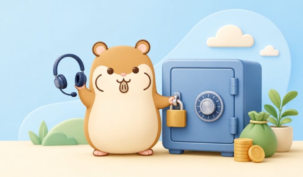 金庫の南京錠に手を添え、ヘッドセットを掲げる茶色いハムスターのキャラクターのイラスト