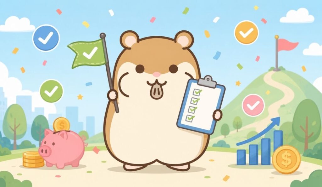 チェックリストを掲げ、ゴール旗を持つ茶色いハムスターのキャラクターのイラスト