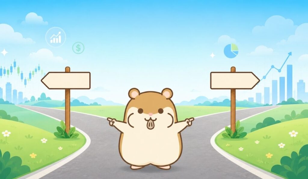 二股の分かれ道で左右の方向標識を指し示す茶色いハムスターのキャラクターのイラスト