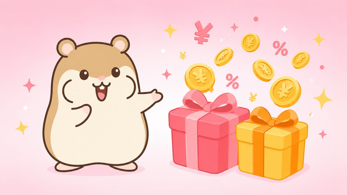 コインがこぼれる2つのプレゼント箱の横で、左寄りのハムスターが紹介するイラスト
