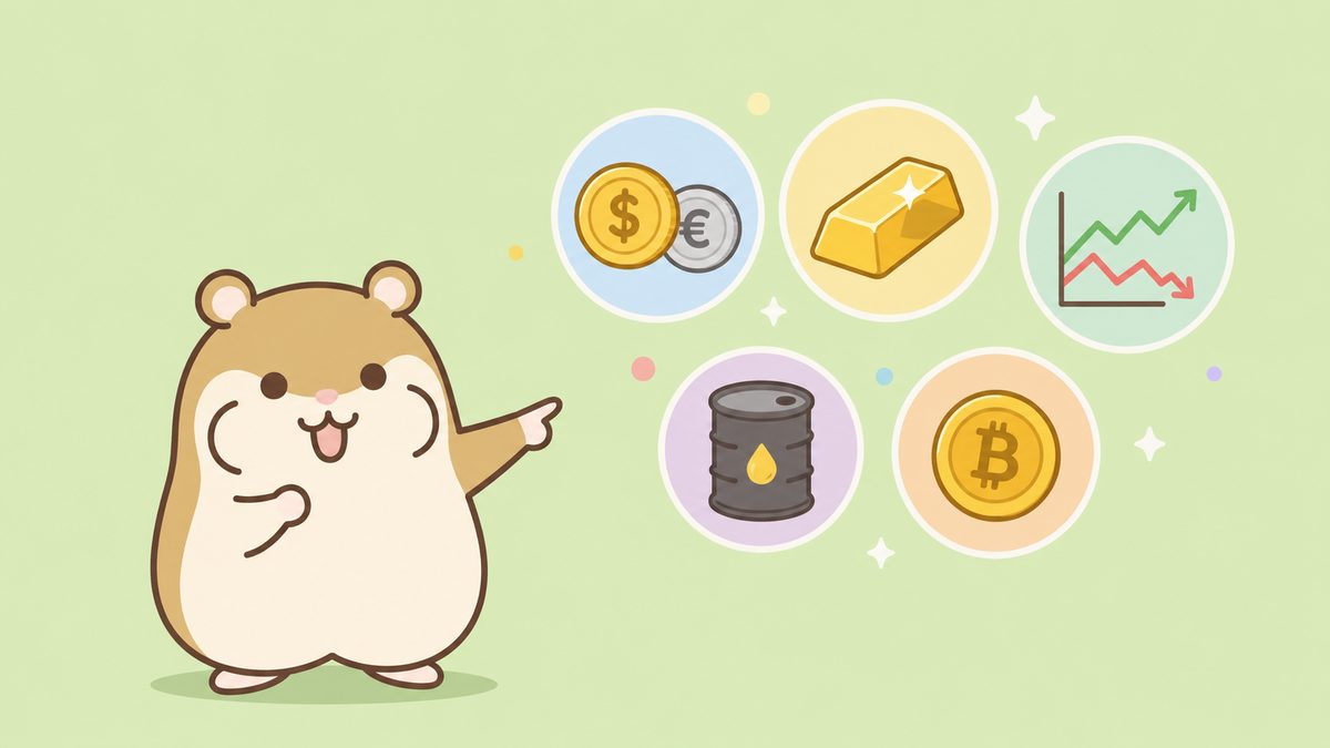 通貨・金・指数・原油・暗号資産のアイコン群を、左下のハムスターが指し示すイラスト