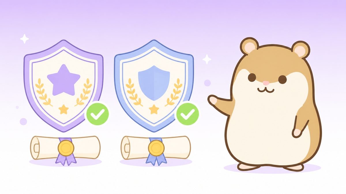 チェック付きの2つのライセンスの盾の横で、右側のハムスターが指し示すイラスト