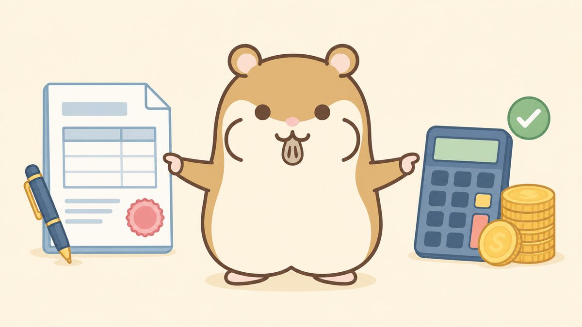 申告書類と電卓・コインに囲まれた中央のハムスターが両腕で促すイラスト