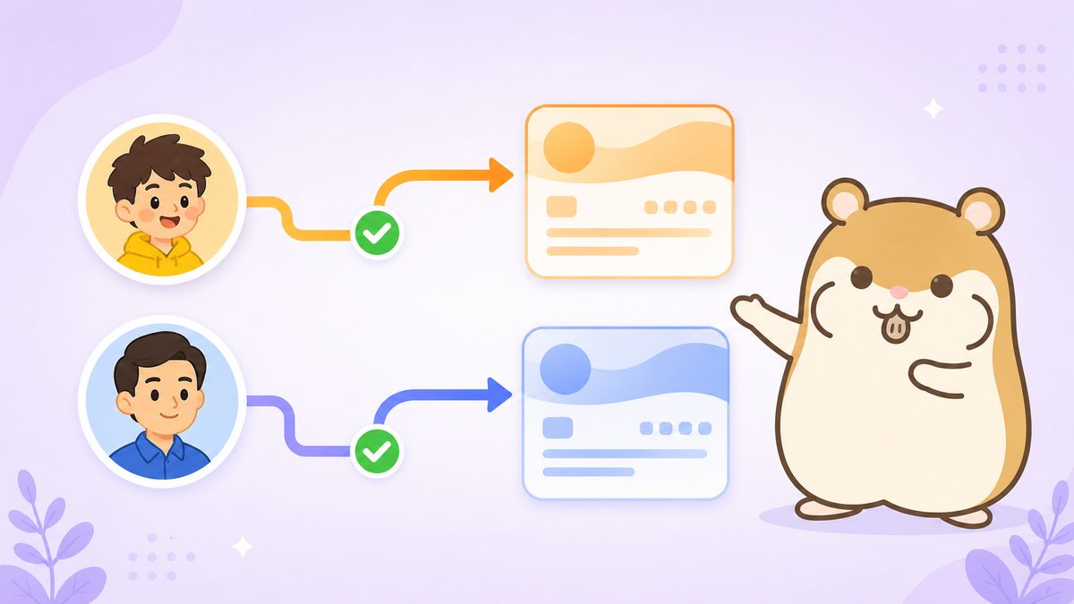2人のユーザーが2つの口座へ振り分けられる横で、右側のハムスターが案内するイラスト