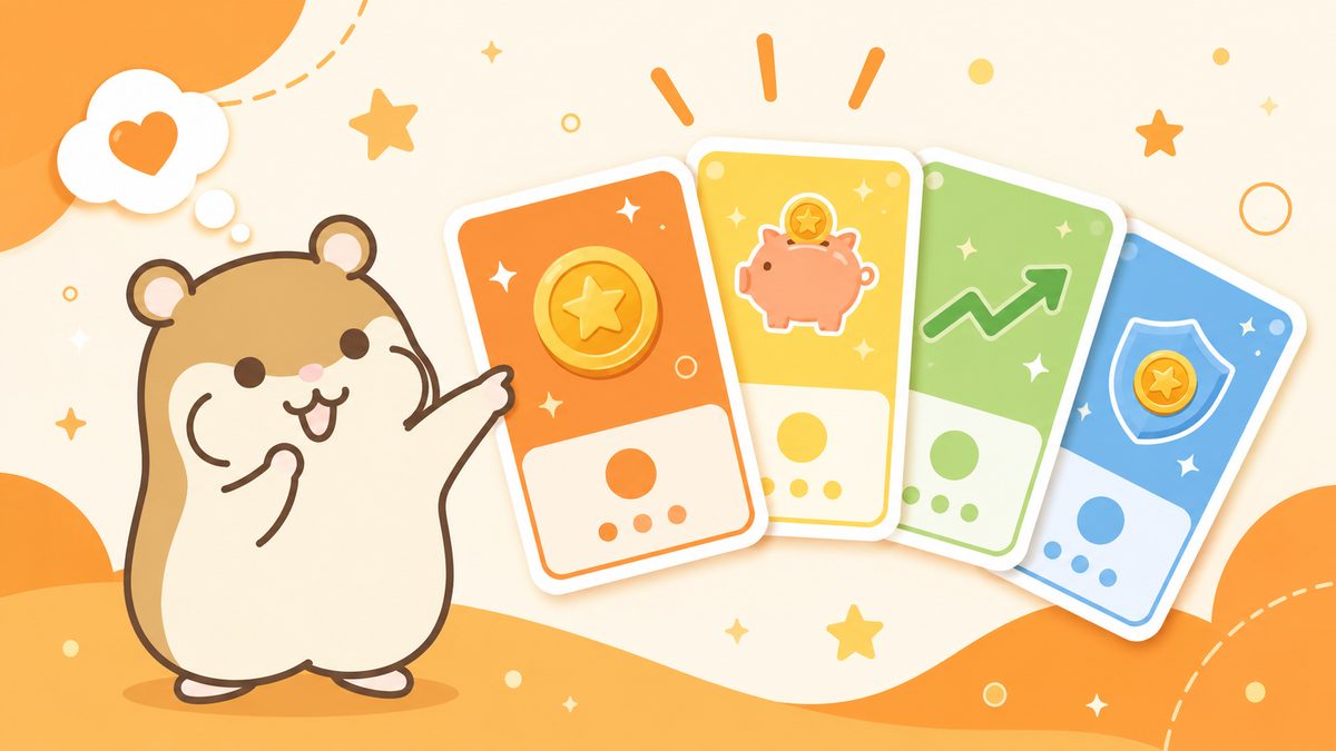 扇状に並んだ4枚の口座カードから1枚を選ぼうとする茶色のハムスターのイラスト