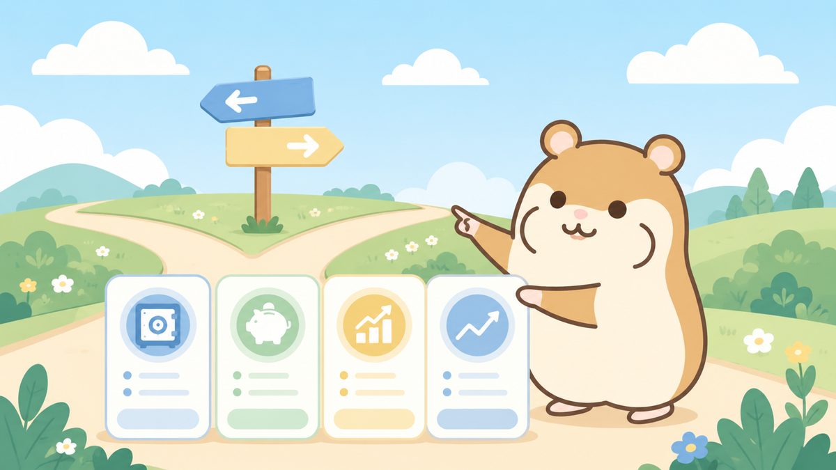 分かれ道の標識と複数の比較パネルを見比べて検討する茶色のハムスターのイラスト