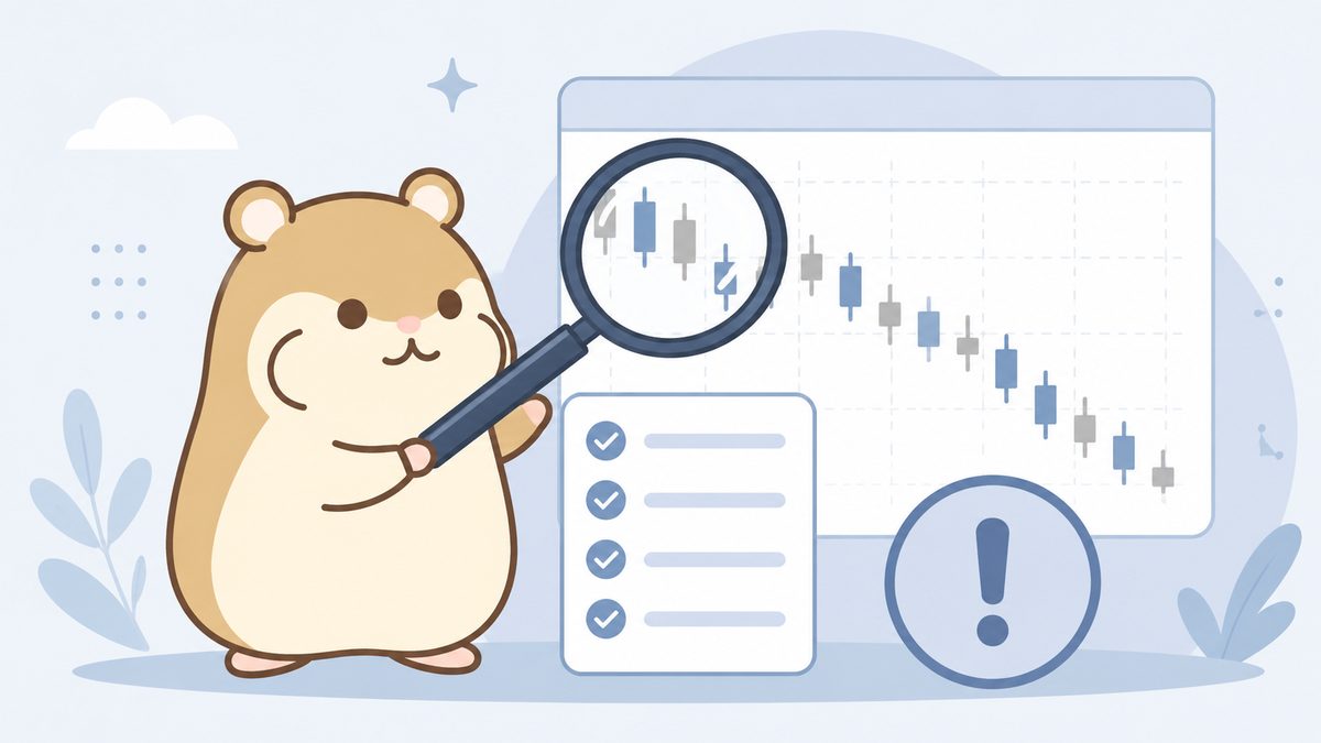 虫めがねで下降チャートや注意マークの並んだリストを調べる茶色のハムスターのイラスト
