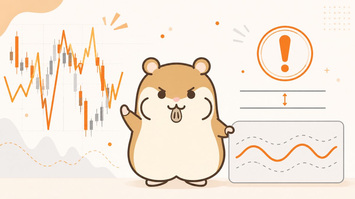 変動の大きいギザギザのチャートと注意マークを示す茶色いハムスターのイラスト