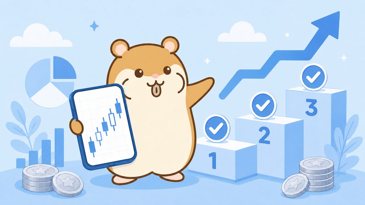 1から3の手順の階段とチャートを示す茶色いハムスターのイラスト