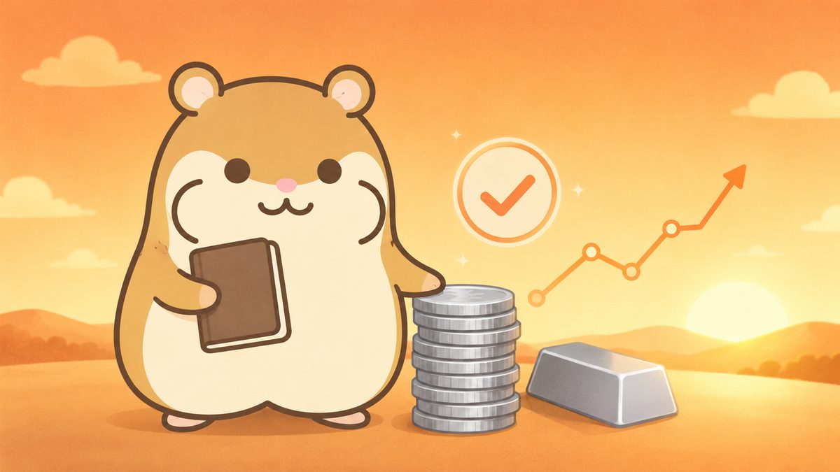 ノートと銀貨でまとめを示す茶色いハムスターのイラスト