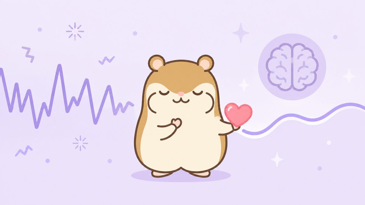 胸に手を当てて気持ちを落ち着け、乱れた波線と穏やかな波線に囲まれた茶色のハムスターのイラスト