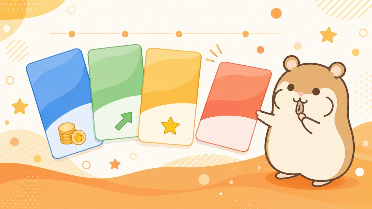 扇状に並んだ4枚の口座カードから1枚を選ぼうとする茶色のハムスターのイラスト