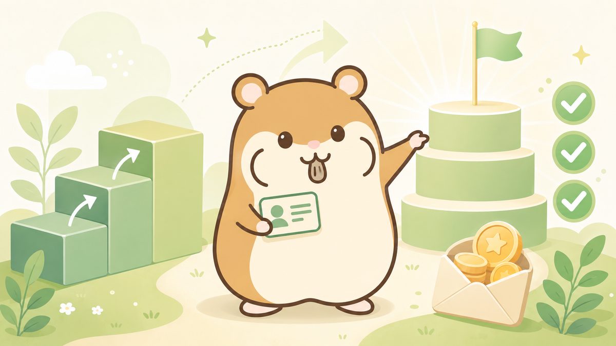 3段の階段とチェックマーク、身分証カードを持って始める茶色のハムスターのイラスト