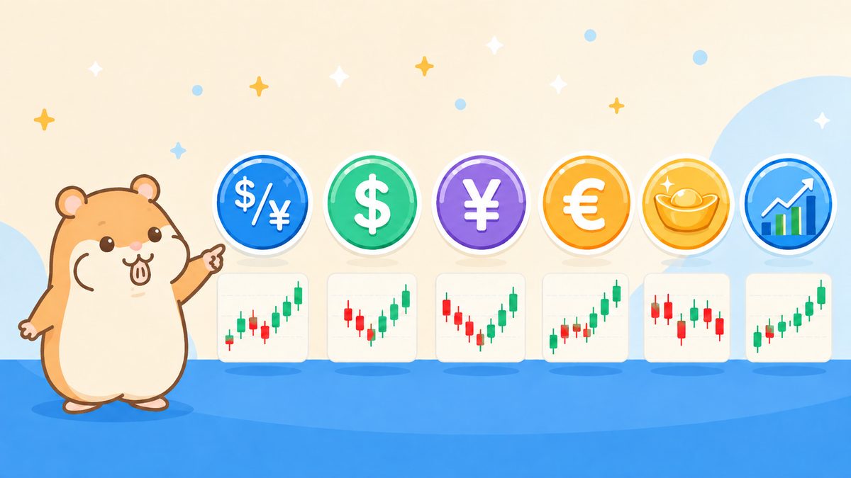通貨記号のアイコンと金のインゴット、株価指数のパネルを見比べる茶色のハムスターのイラスト
