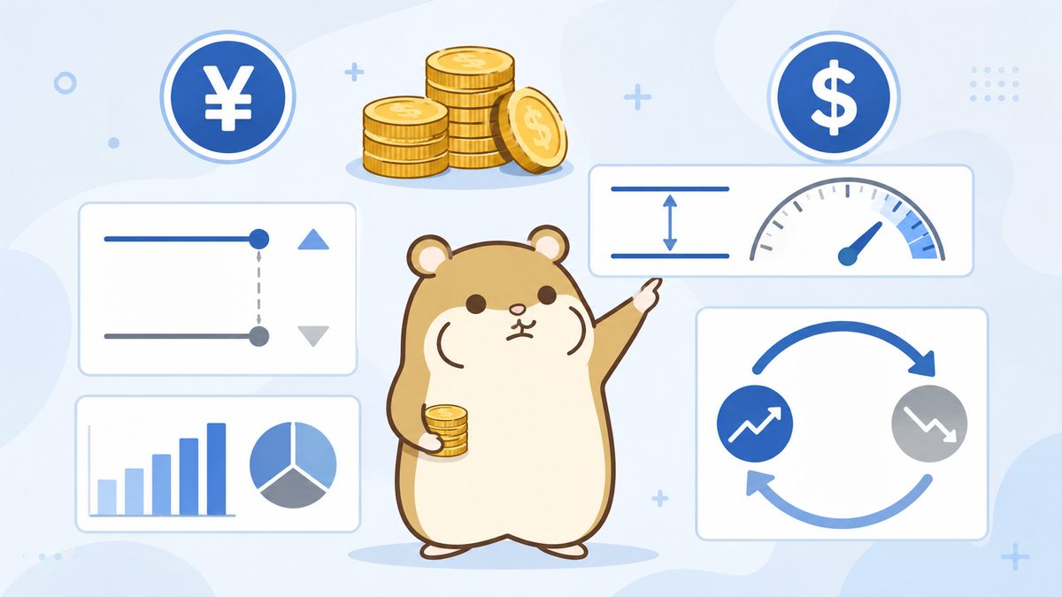 スプレッドの幅を示すゲージと往復の矢印、コインの山を指し示す茶色のハムスターのイラスト