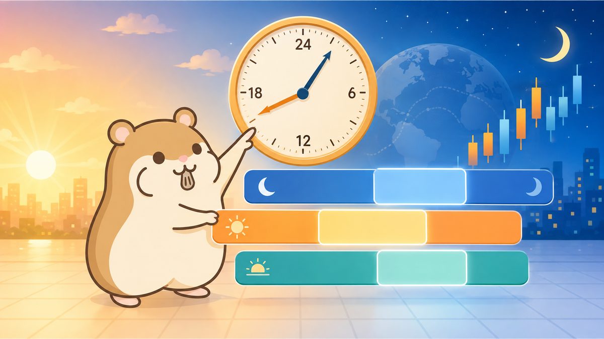 24時間の時計と3本の時間帯バー、地球を背に時間を計る茶色のハムスターのイラスト