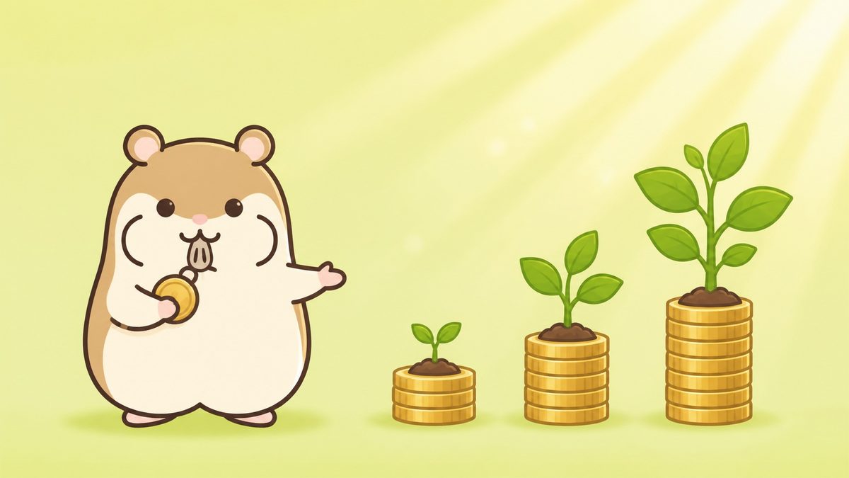 小さな芽から大きく育つ木と積み上がるコインを見つめる茶色のハムスターのイラスト