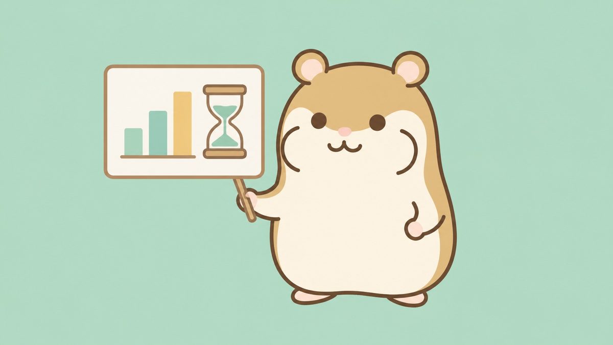 3本の棒グラフが階段状に伸びるボードの前に立つ茶色のハムスターのイラスト