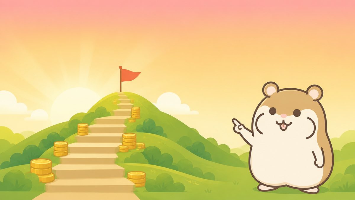 山頂の旗に向かって伸びる階段の前に立つ茶色のハムスターのイラスト