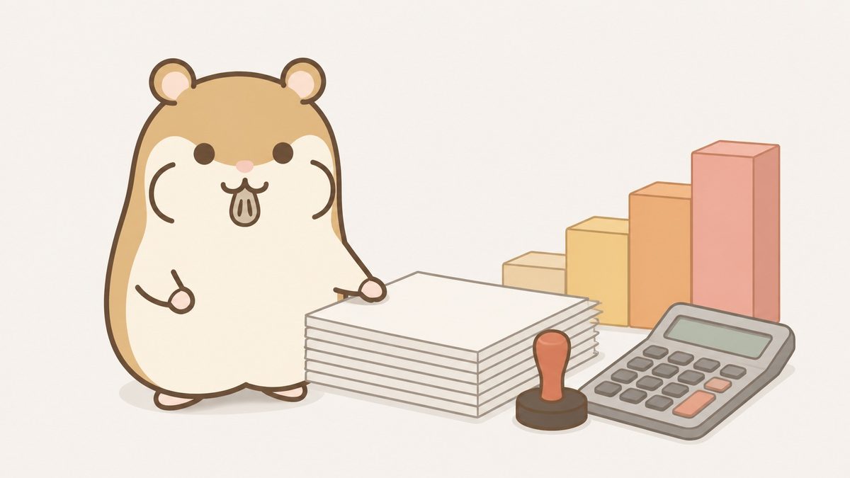 申告書類とスタンプが並ぶ机の前に立つ茶色のハムスターのイラスト