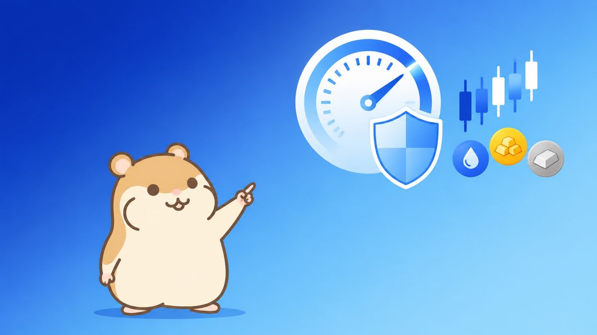レバレッジの倍率メーターと盾のアイコンを見上げる茶色のハムスターのイラスト