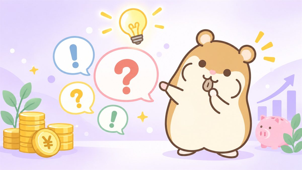 クエスチョンマークとビックリマークの吹き出しと電球に囲まれ、考えるポーズをとる茶色のハムスターのイラスト