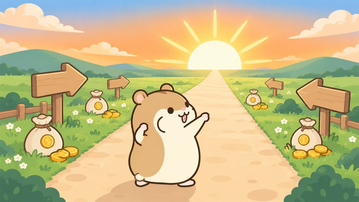 朝日に向かって伸びる道と矢印の道しるべの手前で、腕を曲げて意気込む茶色のハムスターのイラスト