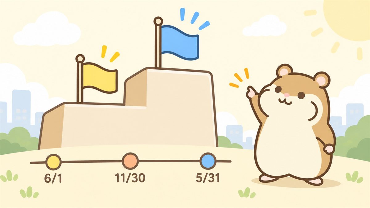6/1・11/30・5/31の目印が並ぶ2段の階段と旗を見上げて指し示す茶色のハムスターのイラスト