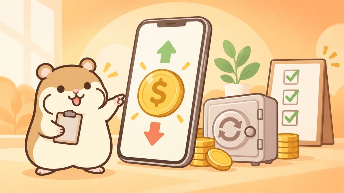 コインのマークが映るスマートフォンと循環する矢印の付いた金庫の前で、クリップボードを持つ茶色のハムスターのイラスト